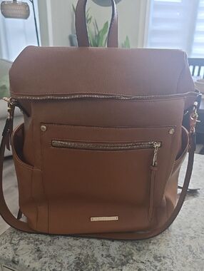 Poppy & Peonies Tan Structured Backpack with Gold Hardware